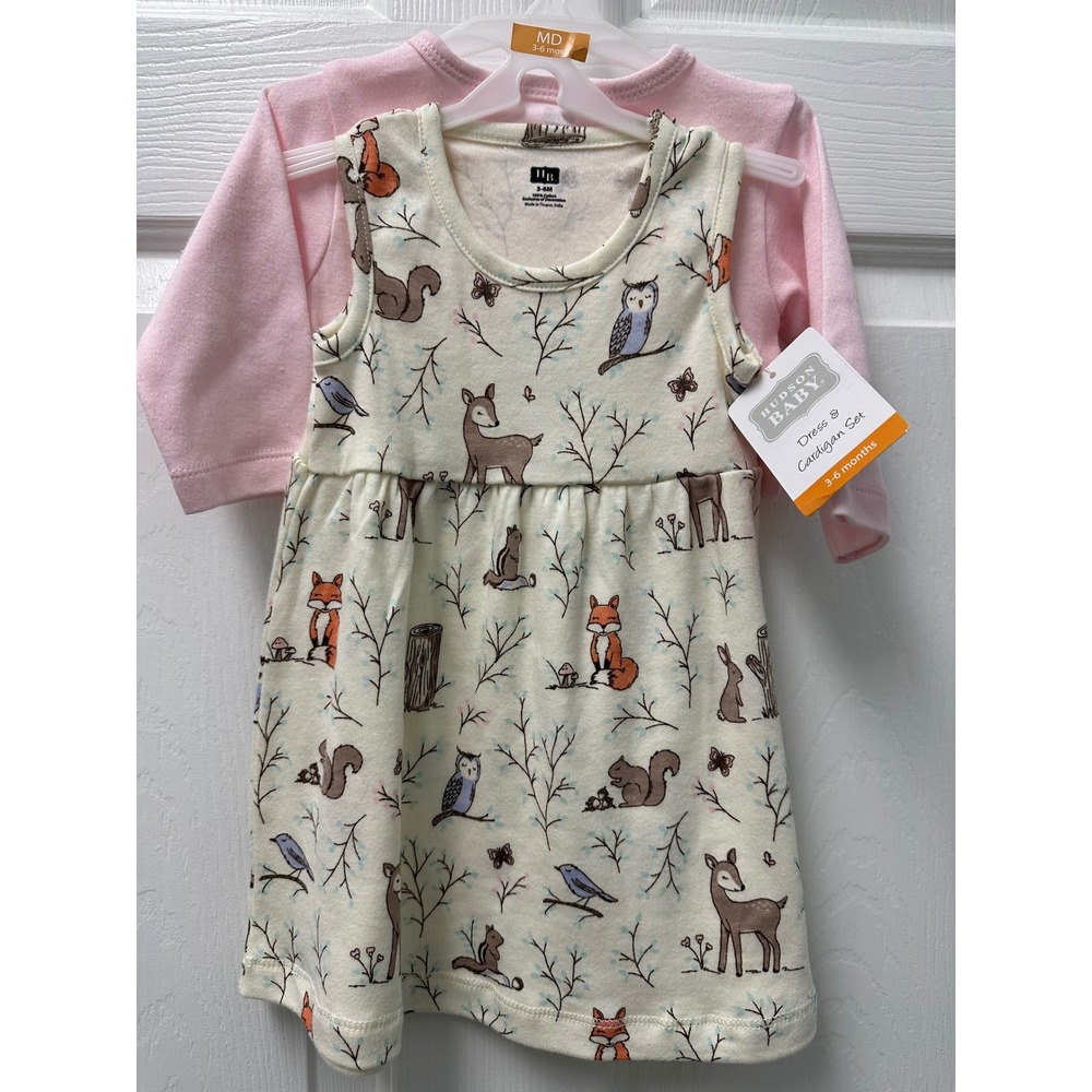 Hudson Baby Dress and Cardigan Set 3-6 Months Deer Owl Fox Bird Rabbit Butterfly